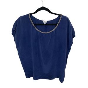 Women's Joie Silk Navy Blue Short Sleeve Braided Scoop Neck Shirt Top Size XS